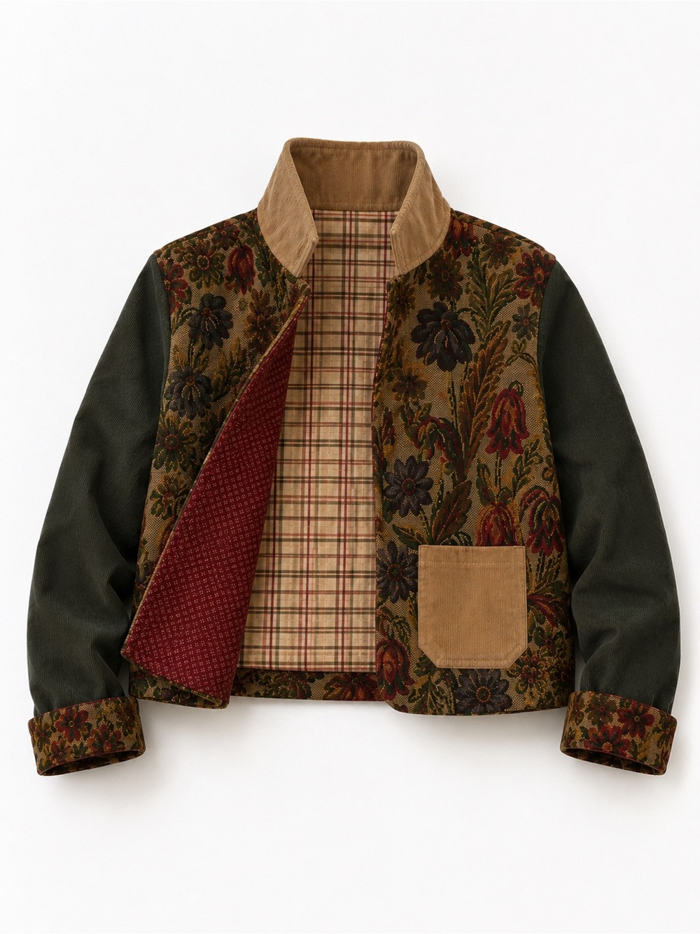 Handmade Floral Tapestry and Corduroy Lined Jacket, New Size Medium Women’s